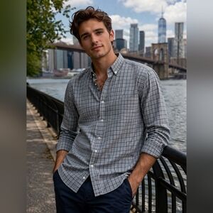 Croft & Barrow Shirt Mens Med Easy Care Button Down Gray Check Long Slee…